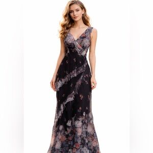 KOMAROV Multicolor Floral V-Neck Ruffle Dress Sz M USA Made $450